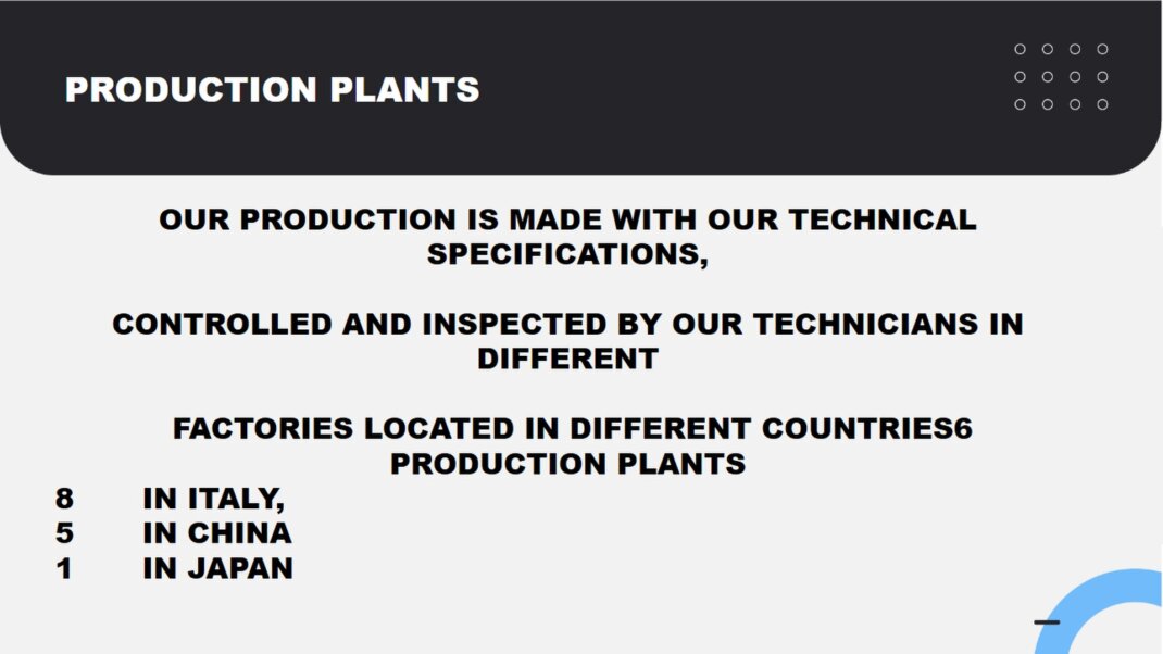 Italy: 8 production Plants, China: 5 production Plants, Japan: 1 production Plants
